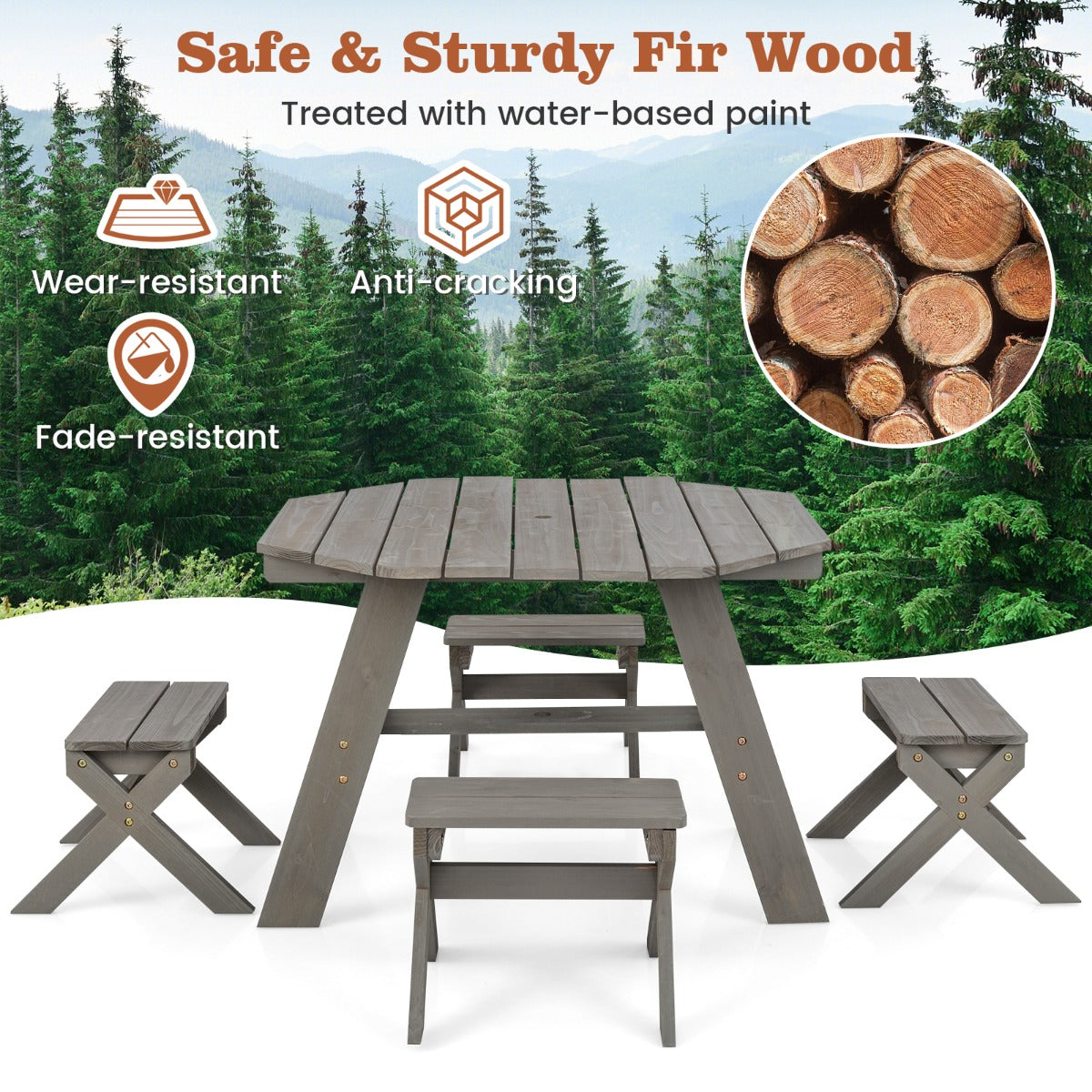 Costway Kids Picnic Table with 4 Chairs and Adjustable Umbrella for Patio Garden Backyard-Grey