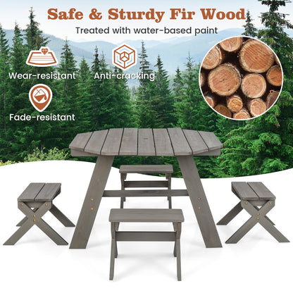 Costway Kids Picnic Table with 4 Chairs and Adjustable Umbrella for Patio Garden Backyard-Grey