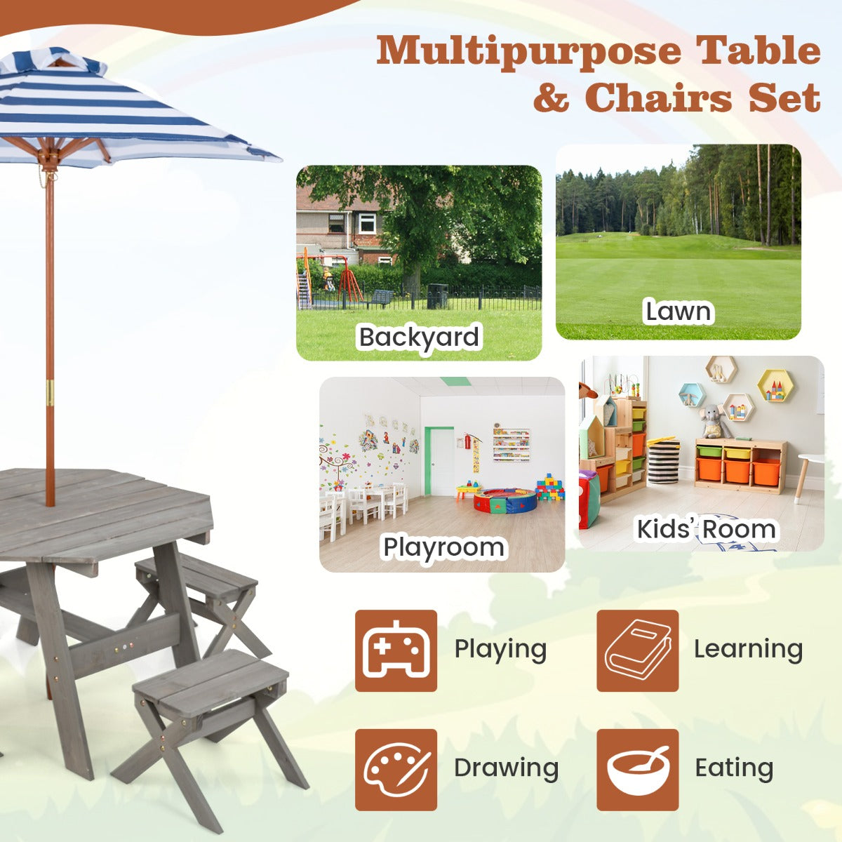 Costway Kids Picnic Table with 4 Chairs and Adjustable Umbrella for Patio Garden Backyard-Grey