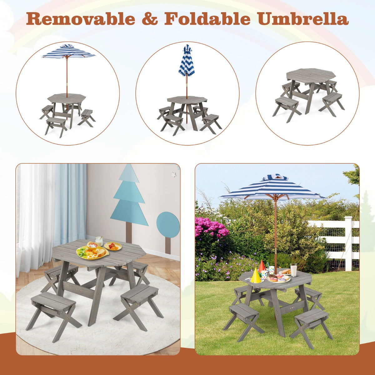 Costway Kids Picnic Table with 4 Chairs and Adjustable Umbrella for Patio Garden Backyard-Grey