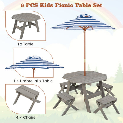Costway Kids Picnic Table with 4 Chairs and Adjustable Umbrella for Patio Garden Backyard-Grey