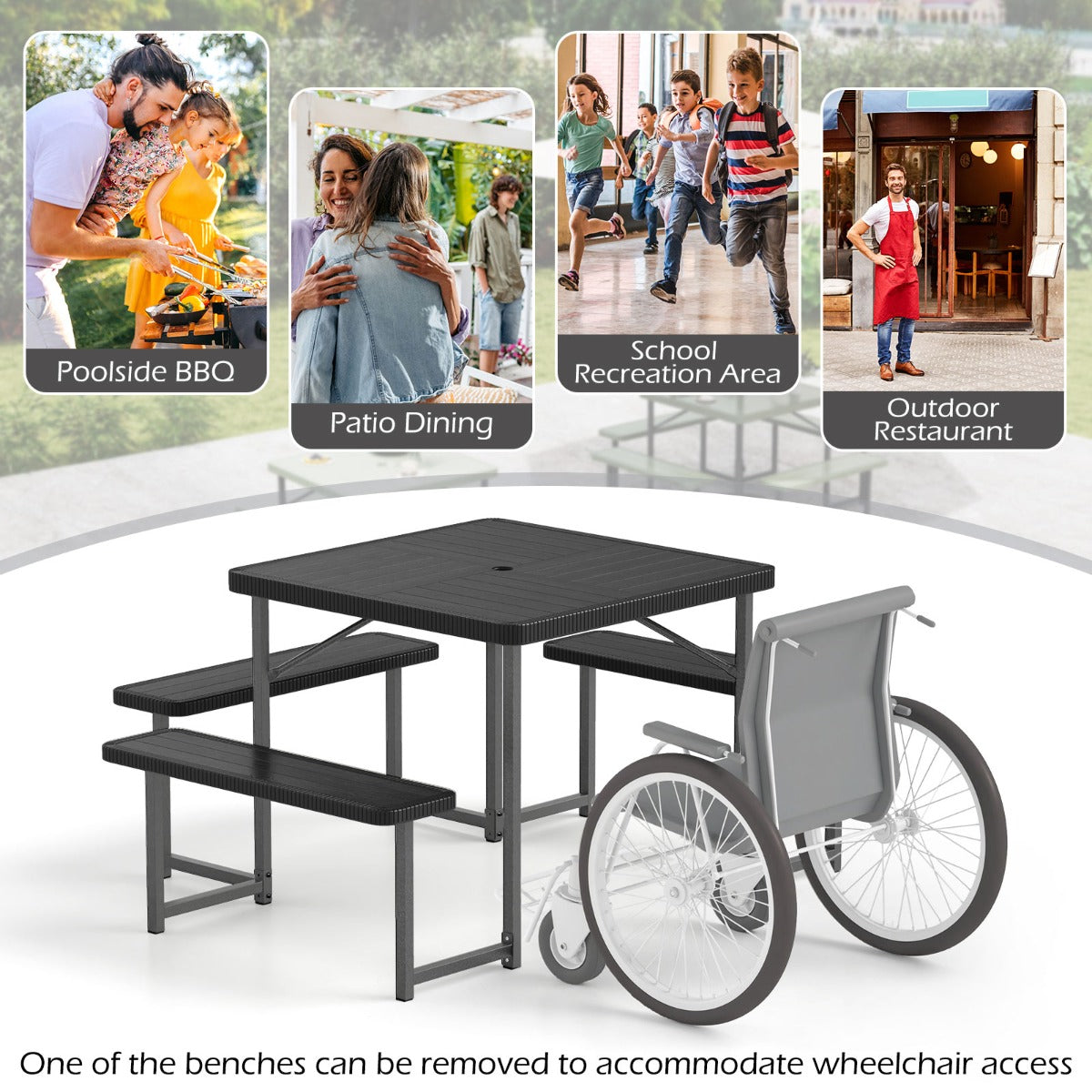 Picnic Table Bench Set Outdoor Square Camping Dining Table-Black