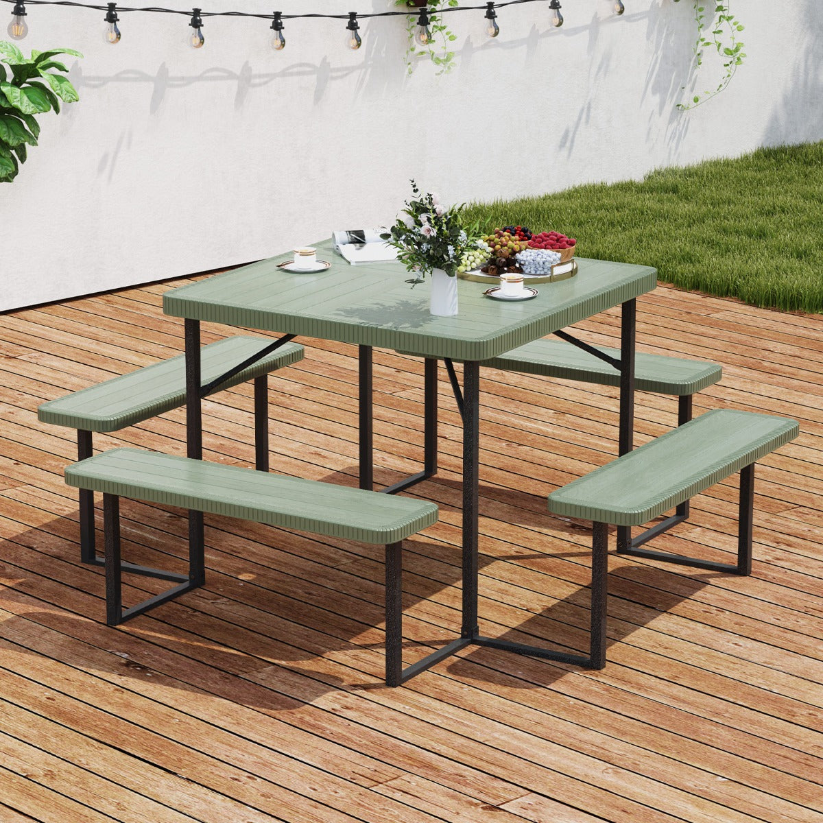 Picnic Table Bench Set Outdoor Square Camping Dining Table-Green