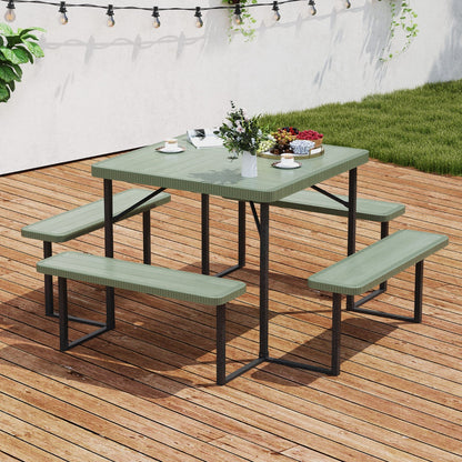 Picnic Table Bench Set Outdoor Square Camping Dining Table-Green