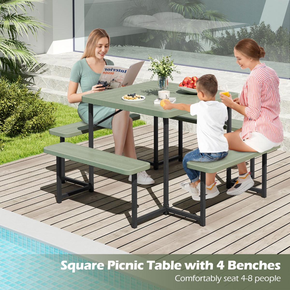 Picnic Table Bench Set Outdoor Square Camping Dining Table-Green