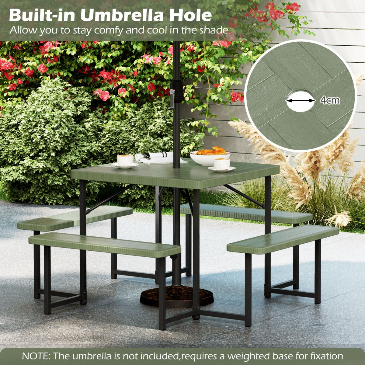 Picnic Table Bench Set Outdoor Square Camping Dining Table-Green