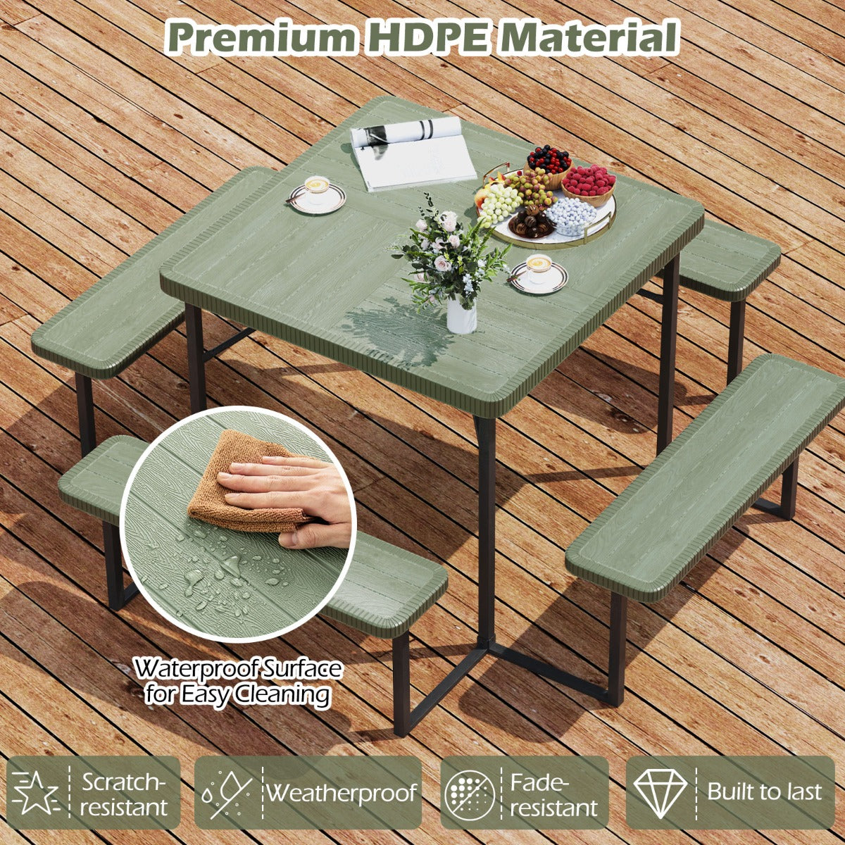 Picnic Table Bench Set Outdoor Square Camping Dining Table-Green
