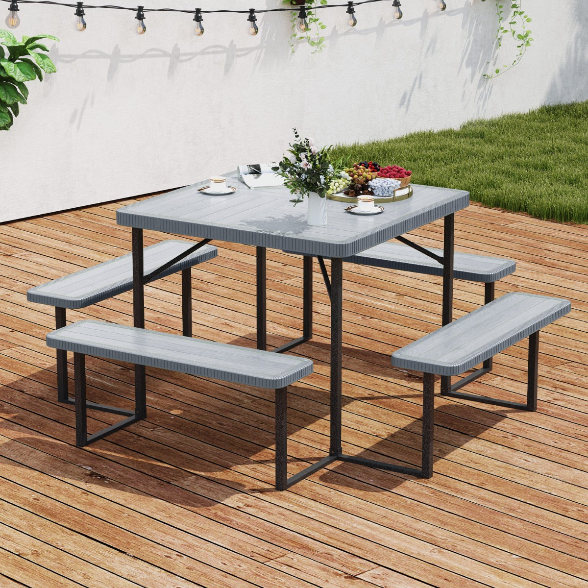 Picnic Table Bench Set Outdoor Square Camping Dining Table-Grey