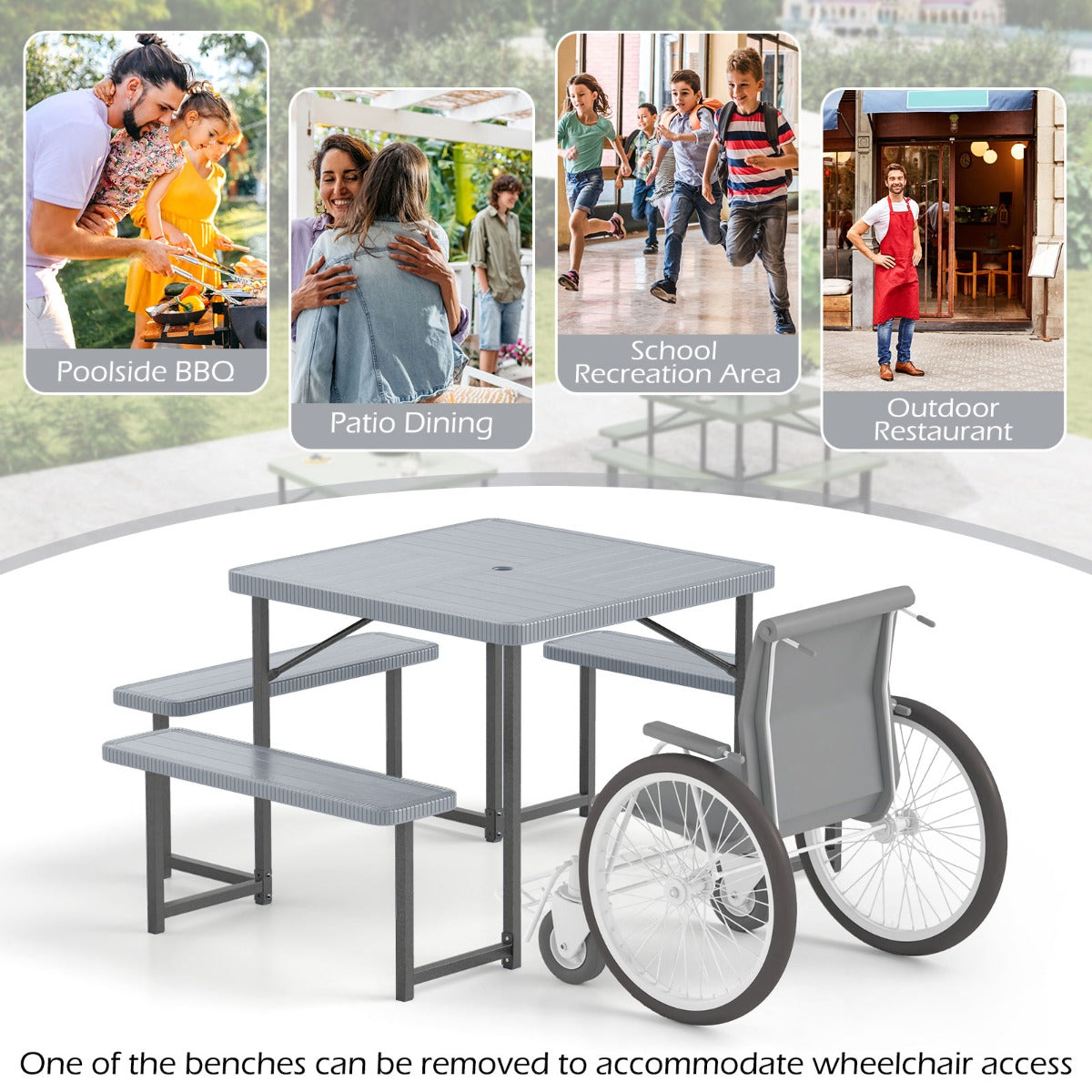 Picnic Table Bench Set Outdoor Square Camping Dining Table-Grey