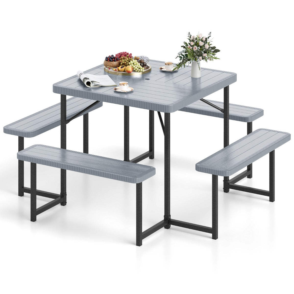 Picnic Table Bench Set Outdoor Square Camping Dining Table-Grey
