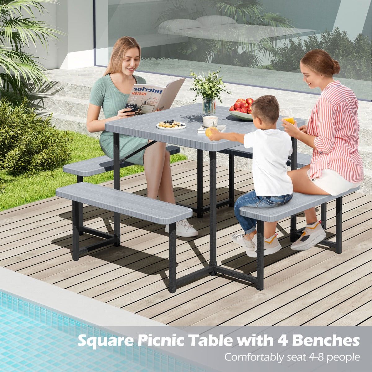 Picnic Table Bench Set Outdoor Square Camping Dining Table-Grey