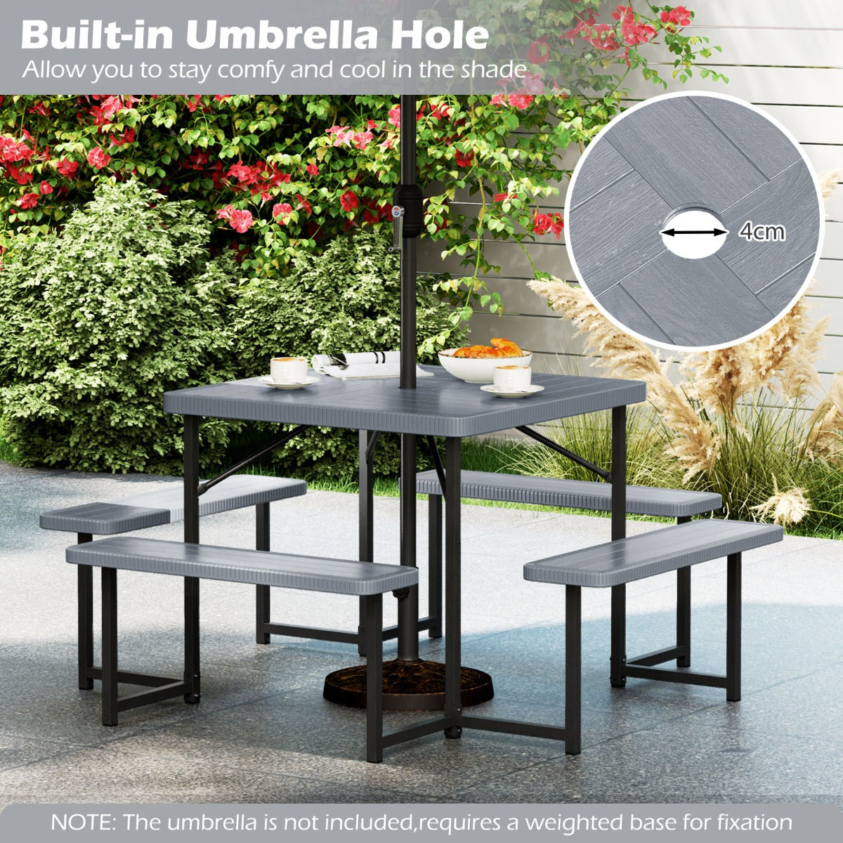 Picnic Table Bench Set Outdoor Square Camping Dining Table-Grey