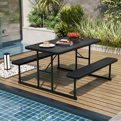 Picnic Table Bench Set with Umbrella Hole for 2-4 People-Black