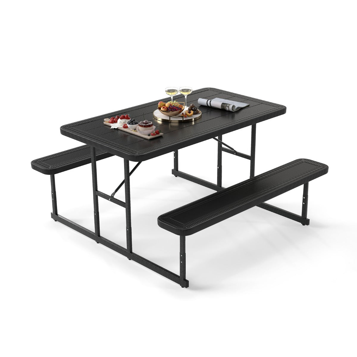 Picnic Table Bench Set with Umbrella Hole for 2-4 People-Black