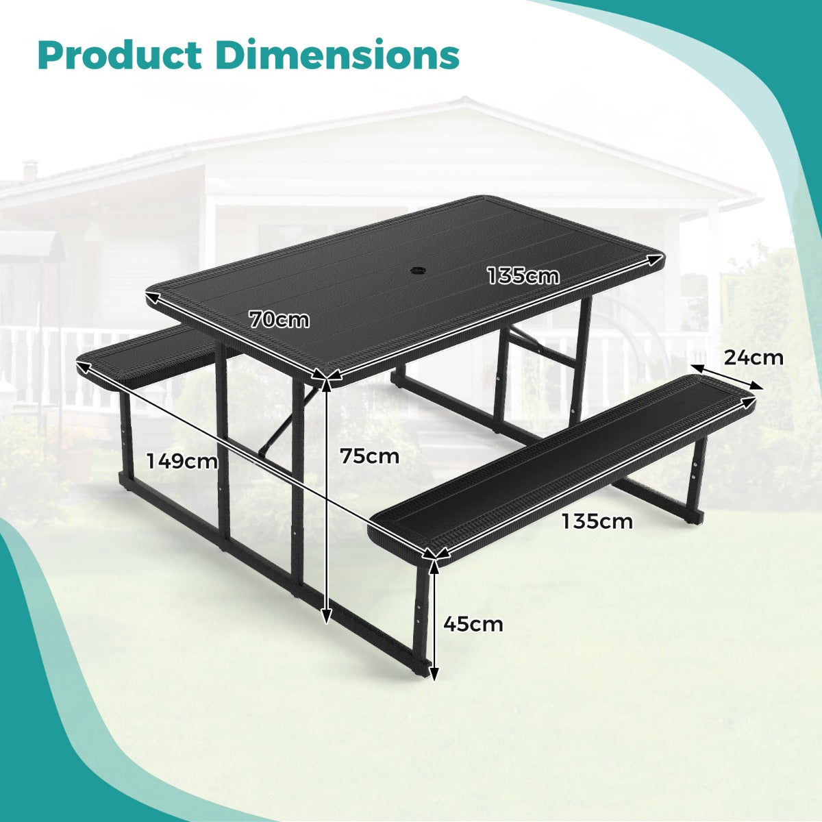 Picnic Table Bench Set with Umbrella Hole for 2-4 People-Black