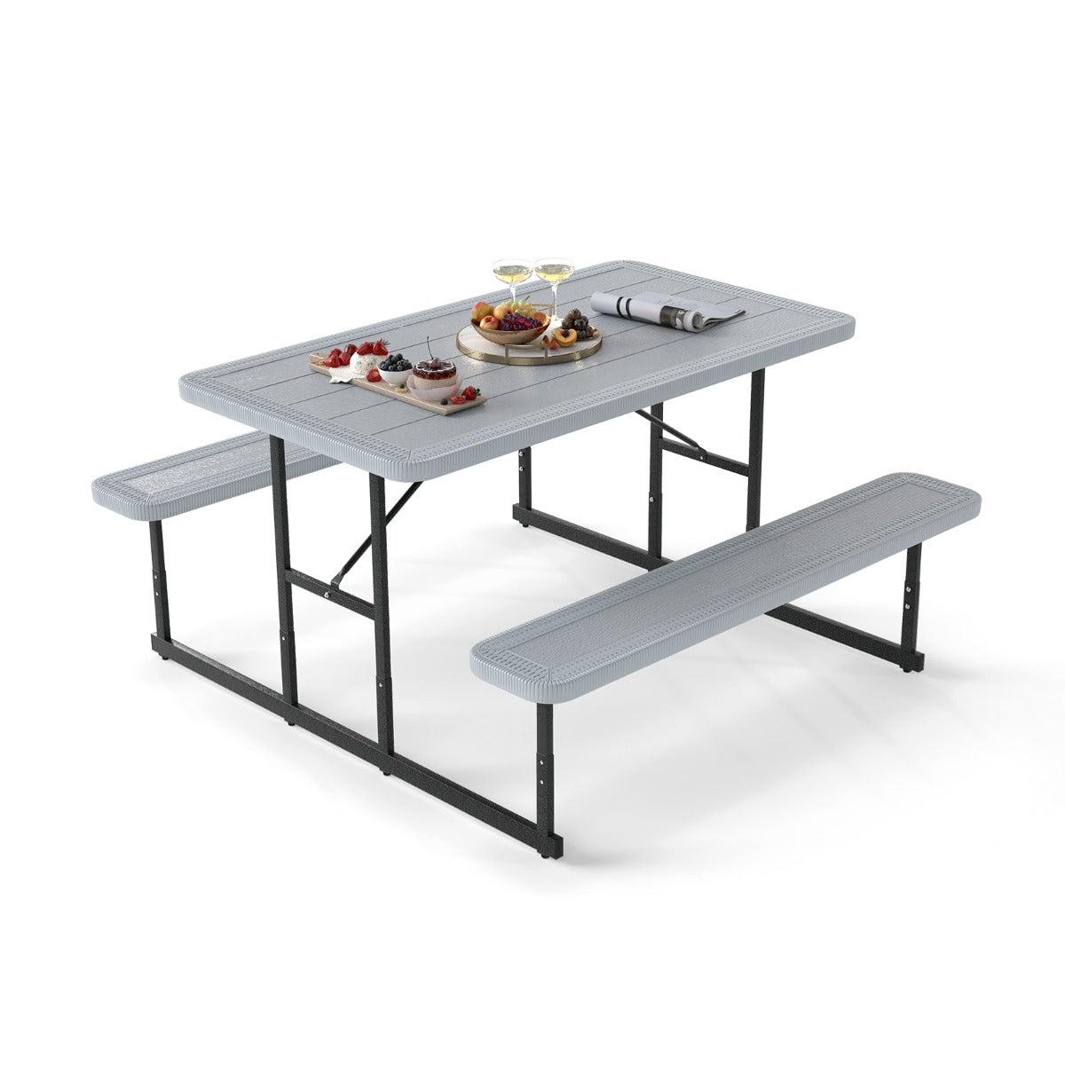 Picnic Table Bench Set with Umbrella Hole for 2-4 People-Grey