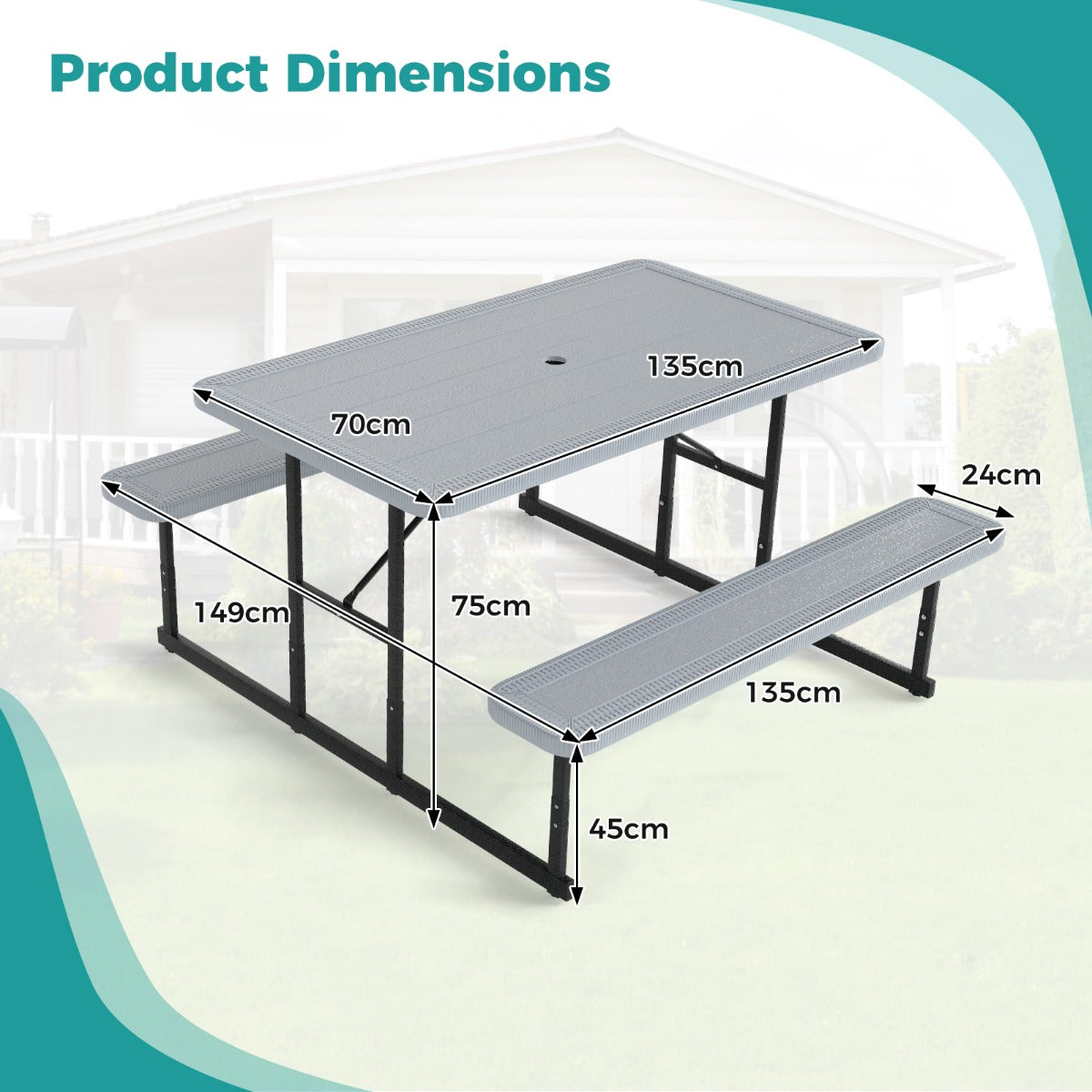 Picnic Table Bench Set with Umbrella Hole for 2-4 People-Grey