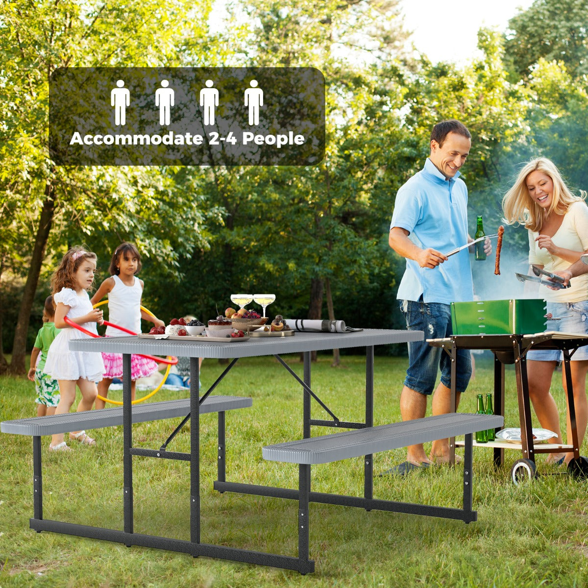 Picnic Table Bench Set with Umbrella Hole for 2-4 People-Grey