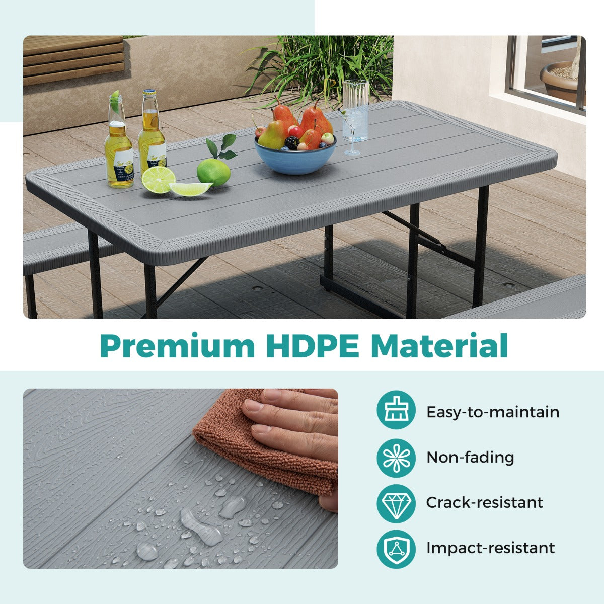 Picnic Table Bench Set with Umbrella Hole for 2-4 People-Grey