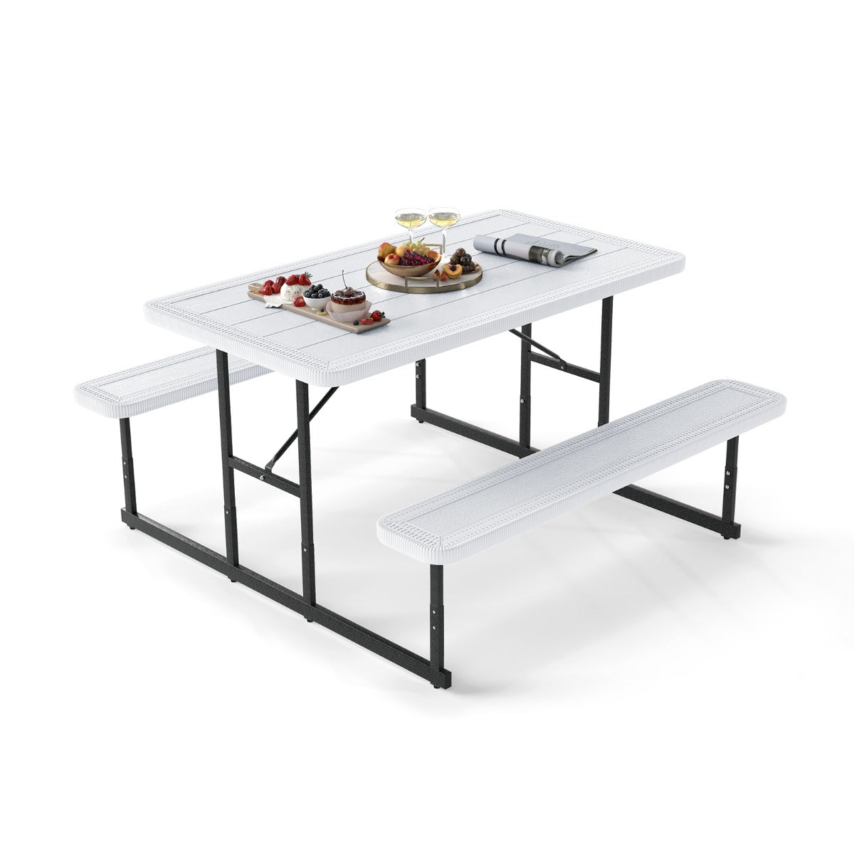 Picnic Table Bench Set with Umbrella Hole for 2-4 People-White