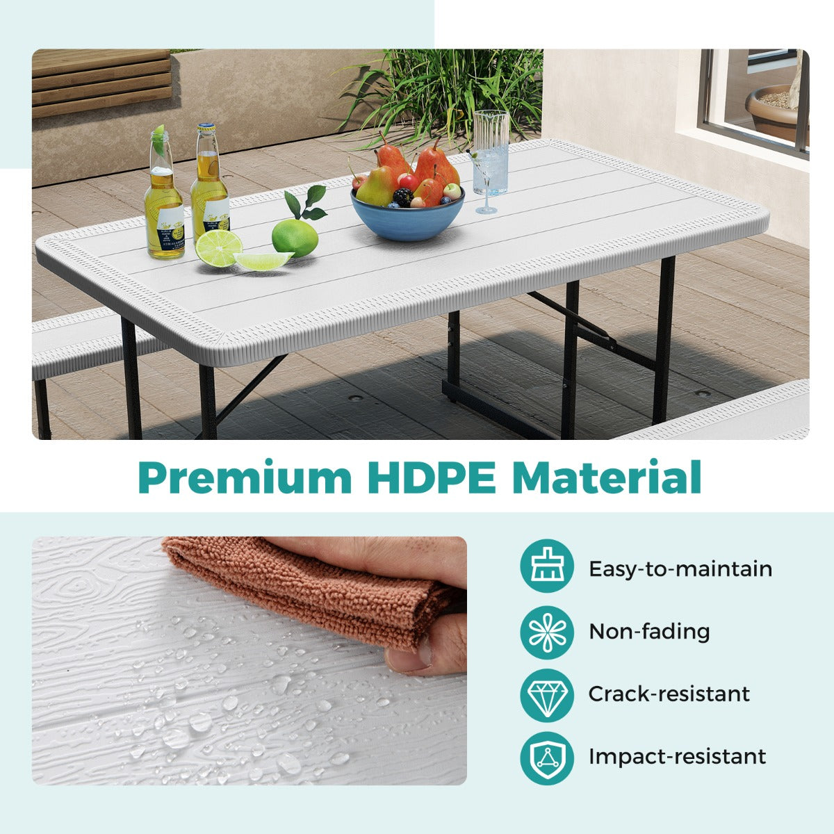 Picnic Table Bench Set with Umbrella Hole for 2-4 People-White