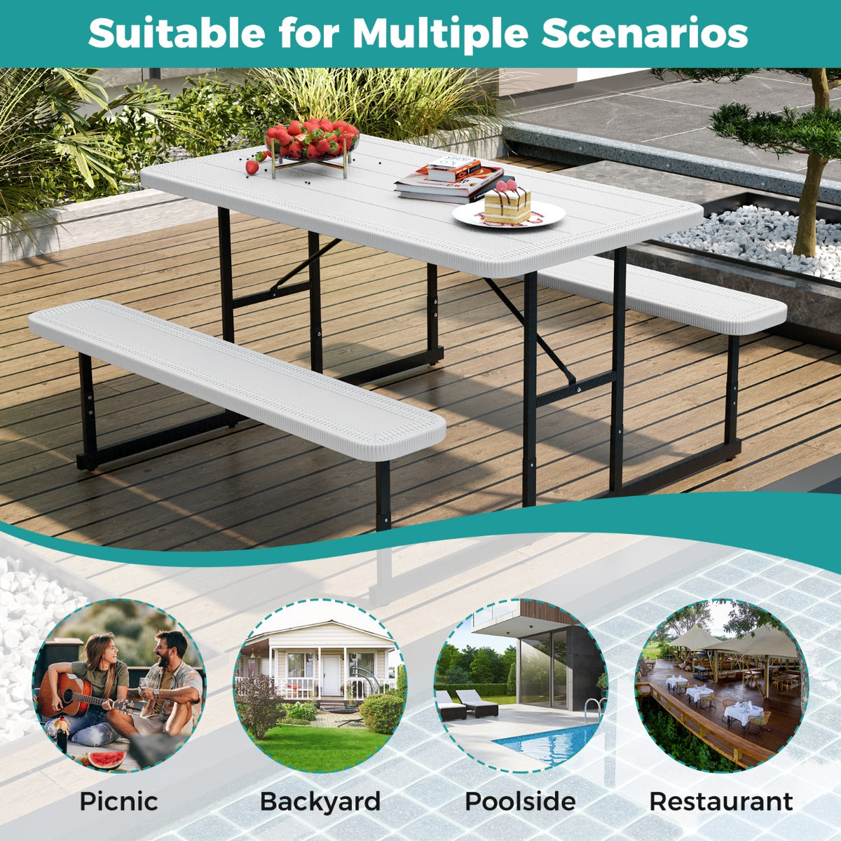 Picnic Table Bench Set with Umbrella Hole for 2-4 People-White