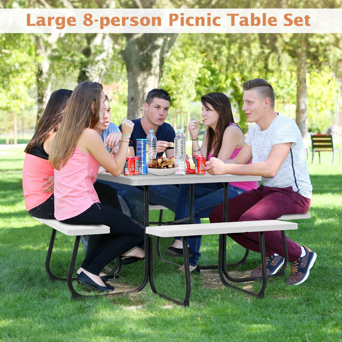 Outdoor picnic bench set features a rust-resistant powder-coated metal frame and reinforced X-legs