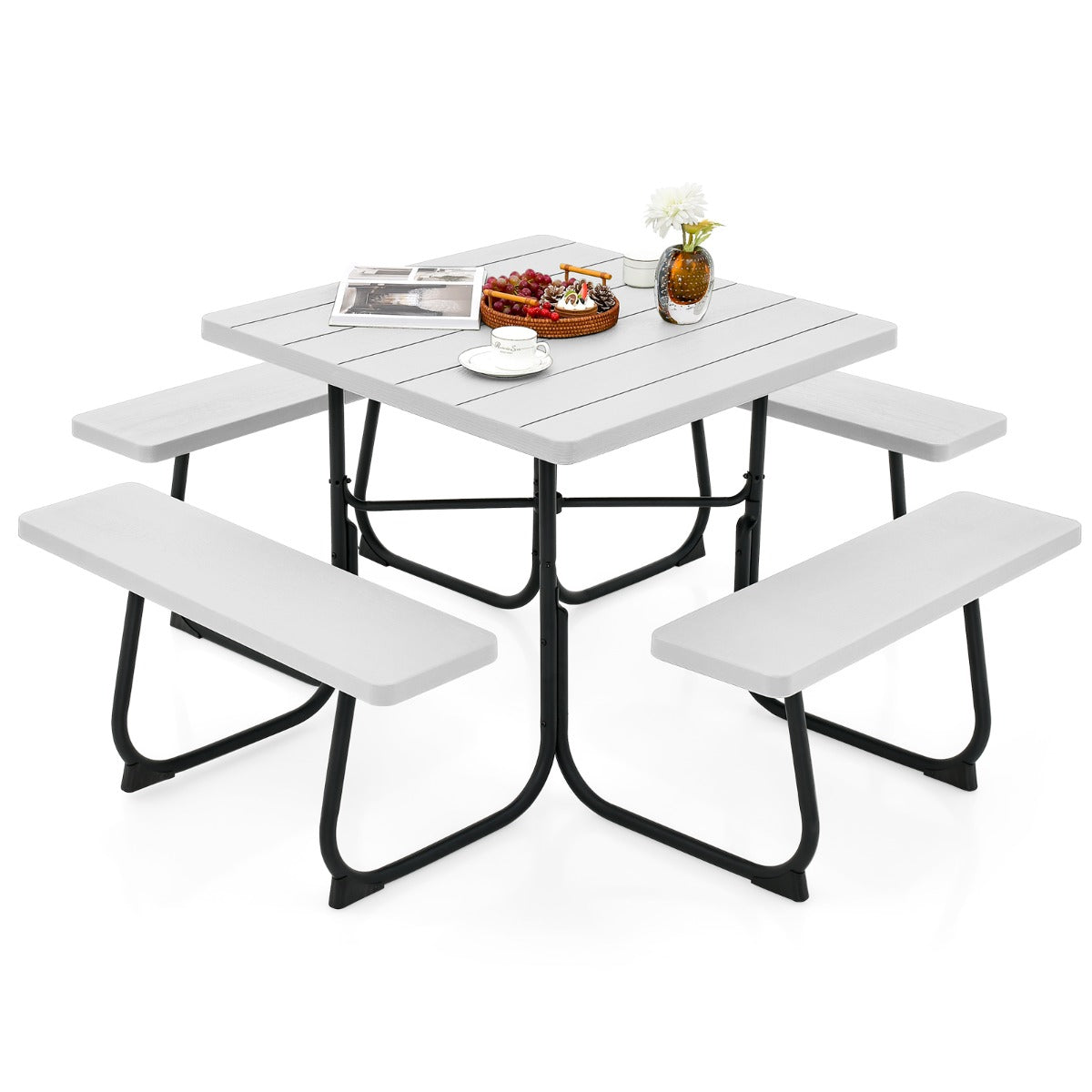 Non-slip protectors improve stability and help protect floors beneath the outdoor metal frame