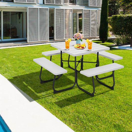Costway 8-person Square Picnic Table Bench Set with 4 Benches 225 KG Capacity-White