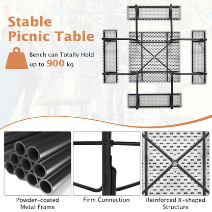 Round picnic table includes a 4.8cm umbrella hole for creating a shaded outdoor dining space