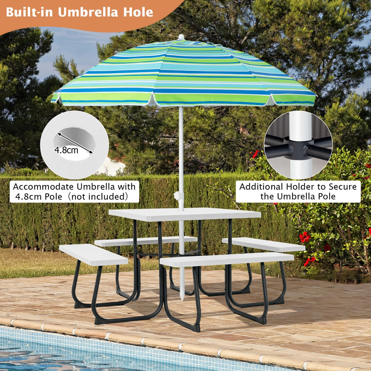 Versatile picnic table set works well in gardens, lawns, backyards, restaurants and poolside areas
