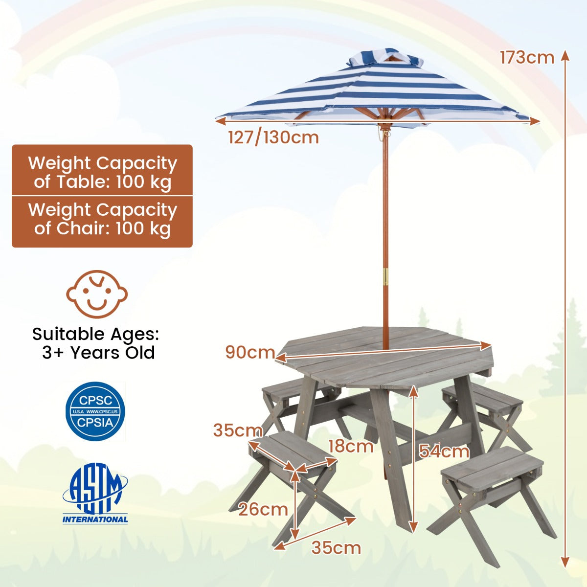 Costway Kids Picnic Table with 4 Chairs and Adjustable Umbrella for Patio Garden Backyard-Grey