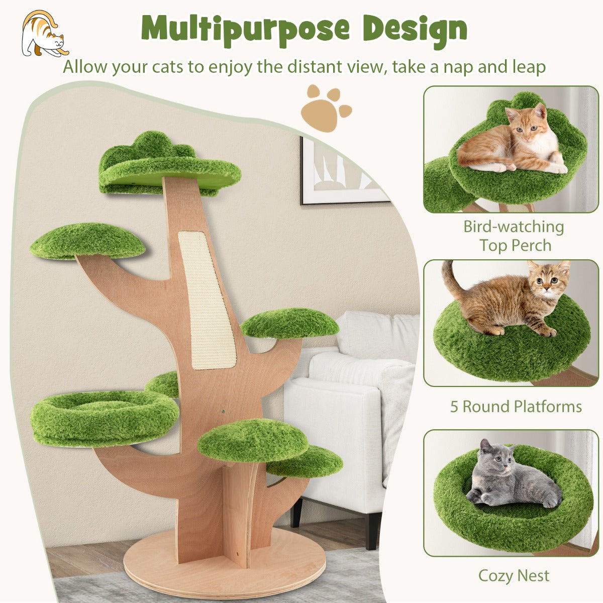 Tall multi-level cat tower offers climbing, scratching, resting and observation in one compact design