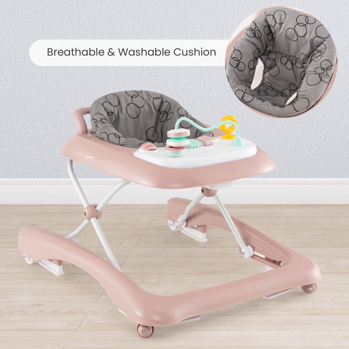 Foldable Baby Walker with Adjustable Height for Boys and Girls-Pink