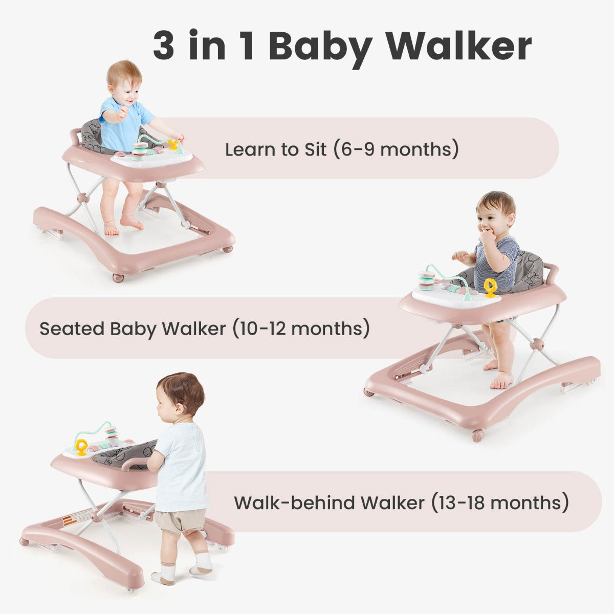 Foldable Baby Walker with Adjustable Height for Boys and Girls-Pink