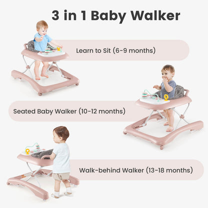 Foldable Baby Walker with Adjustable Height for Boys and Girls-Pink