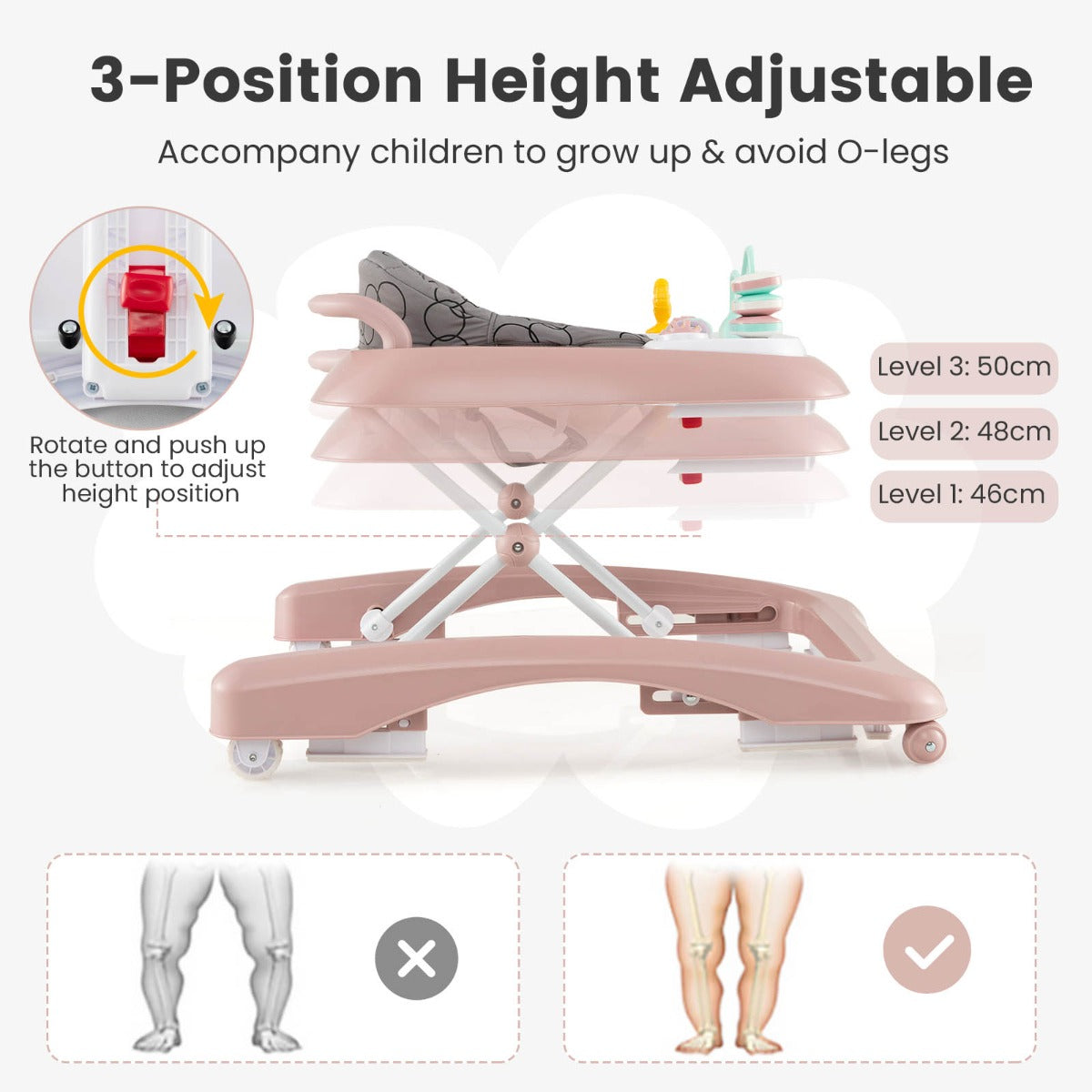 Foldable Baby Walker with Adjustable Height for Boys and Girls-Pink