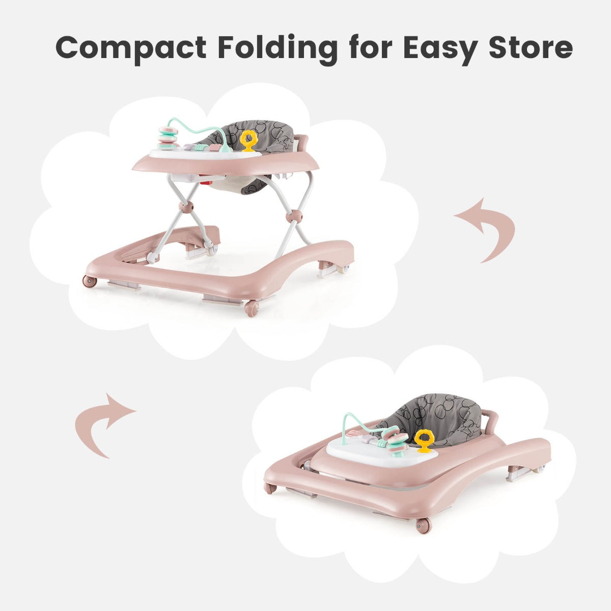 Foldable Baby Walker with Adjustable Height for Boys and Girls-Pink
