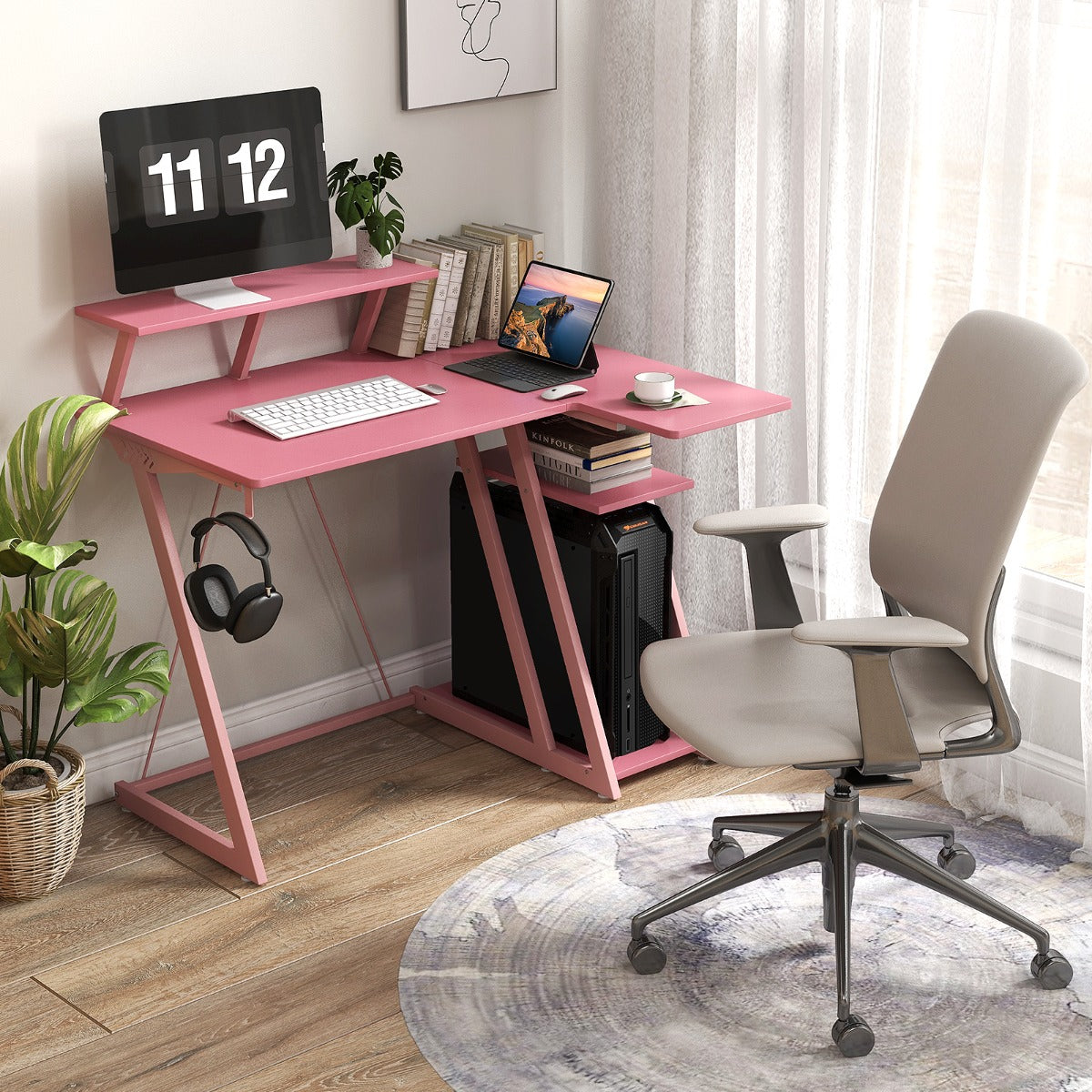Computer Desk with Built-in Charge Station for Office Room Study-Pink