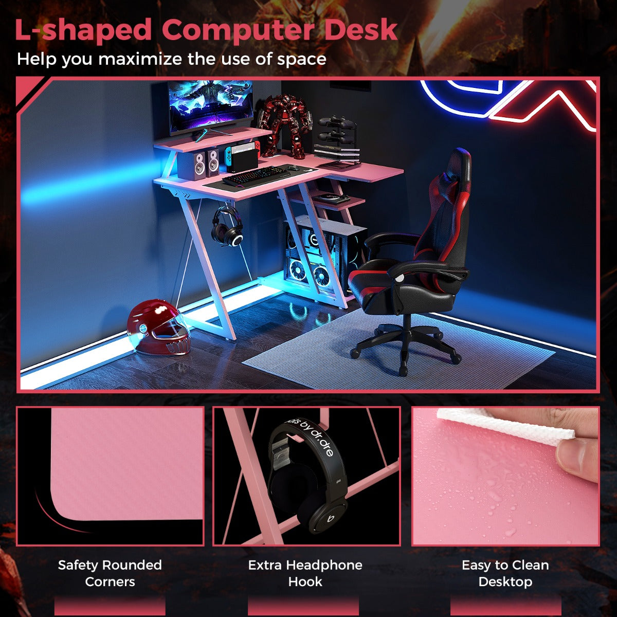 Computer Desk with Built-in Charge Station for Office Room Study-Pink