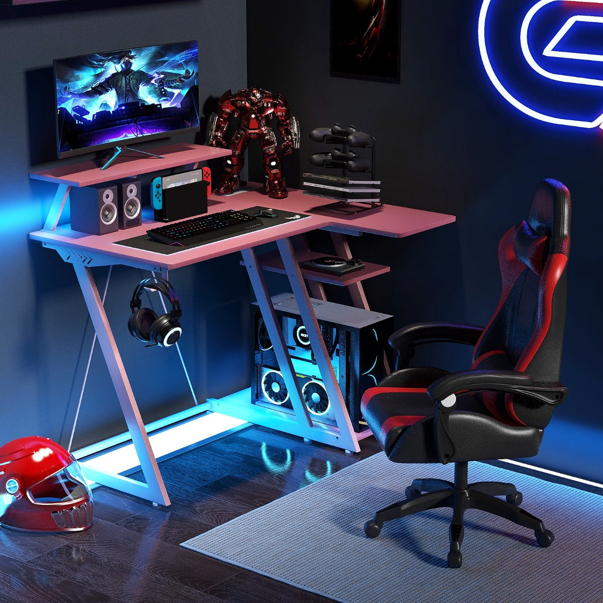 Computer Desk with Built-in Charge Station for Office Room Study-Pink