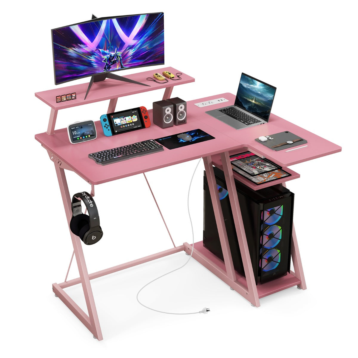 Computer Desk with Built-in Charge Station for Office Room Study-Pink