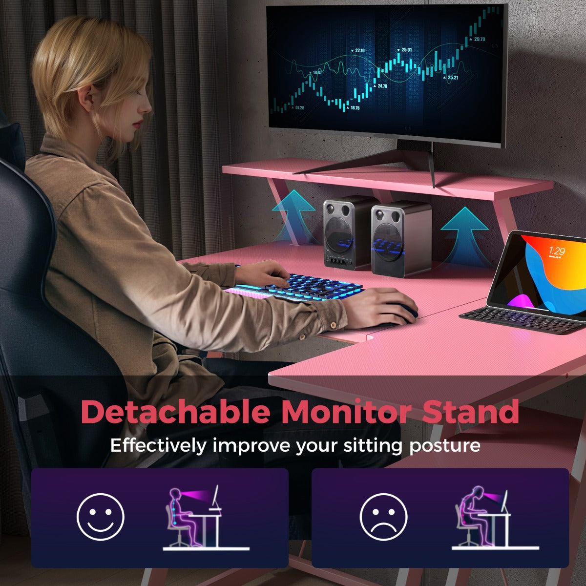 Computer Desk with Built-in Charge Station for Office Room Study-Pink