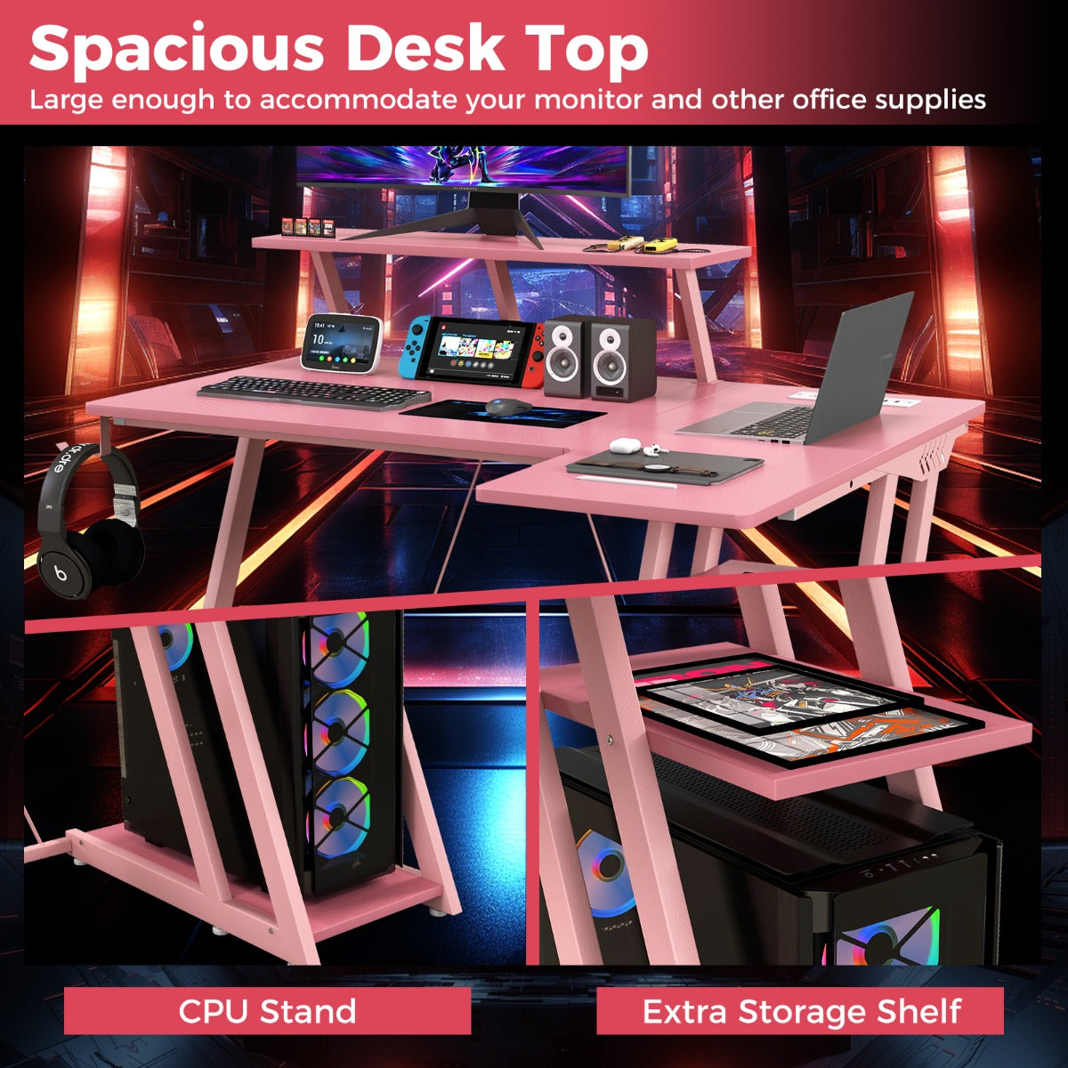 Computer Desk with Built-in Charge Station for Office Room Study-Pink