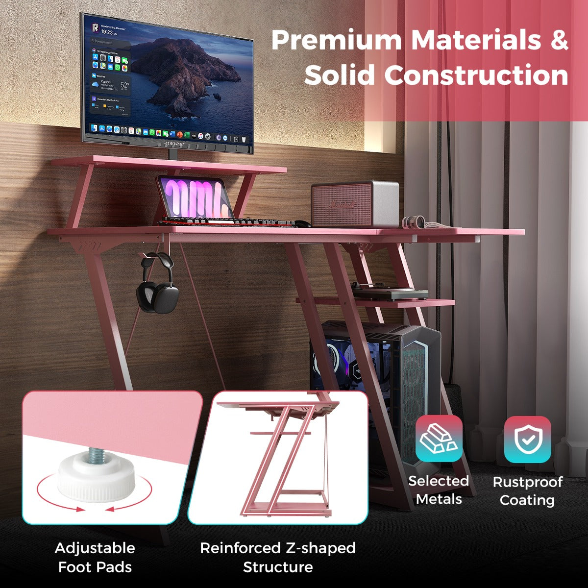 Computer Desk with Built-in Charge Station for Office Room Study-Pink