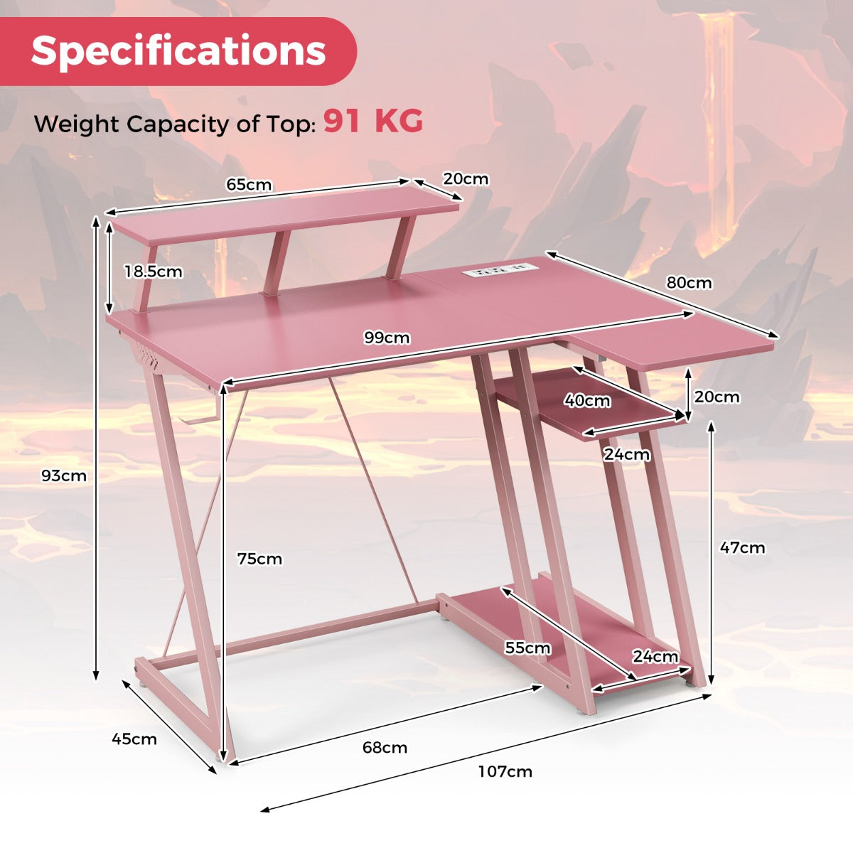 Computer Desk with Built-in Charge Station for Office Room Study-Pink