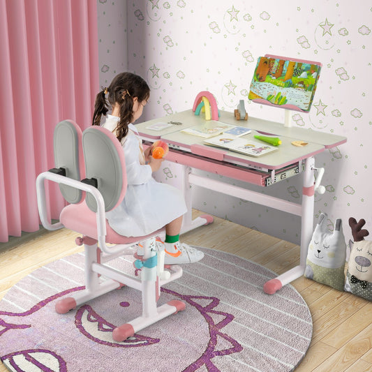 Costway Height-Adjustable Kids Desk with Tilt Desktop and Book Stand for Writing Drawing Reading-Pink