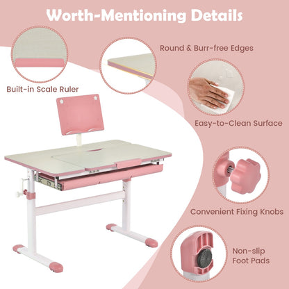 Costway Height-Adjustable Kids Desk with Tilt Desktop and Book Stand for Writing Drawing Reading-Pink
