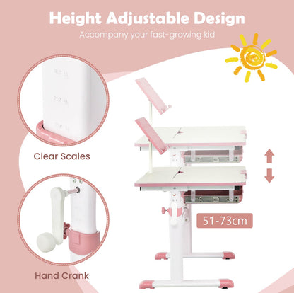 Costway Height-Adjustable Kids Desk with Tilt Desktop and Book Stand for Writing Drawing Reading-Pink