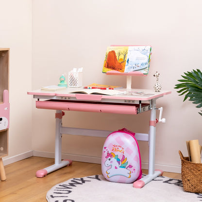Costway Height-Adjustable Kids Desk with Tilt Desktop and Book Stand for Writing Drawing Reading-Pink
